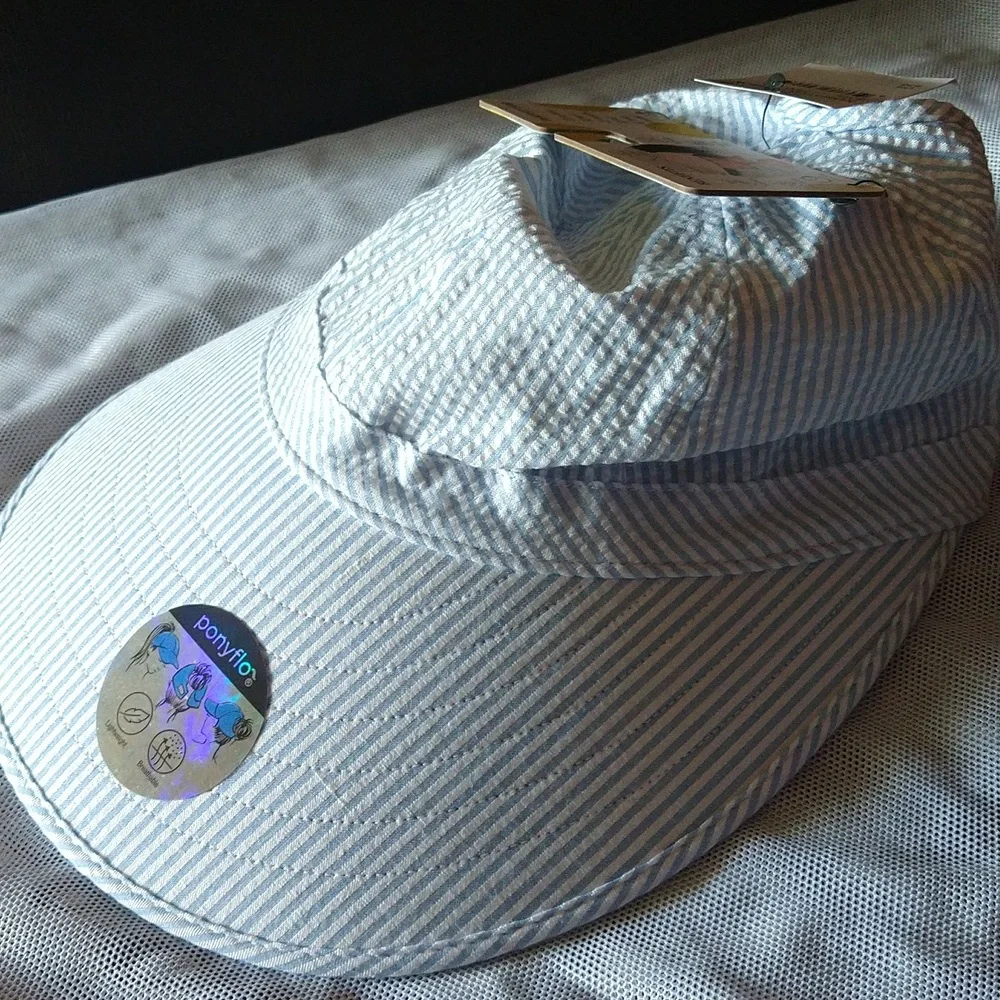Ponyflo blue striped sunblocker hat
